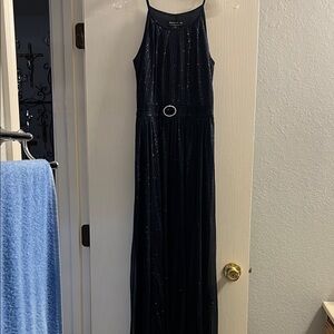 Alex Evenings Navy Halter Maxi Gown with Rhinestone Buckle